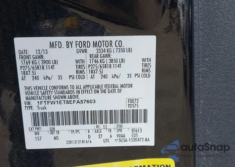 2014 Ford F-150 Xlt из США, поврежденный, VIN 1FTFW1ET8EFA57603